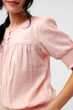 womens coral yoke smocking sleeve and waist top